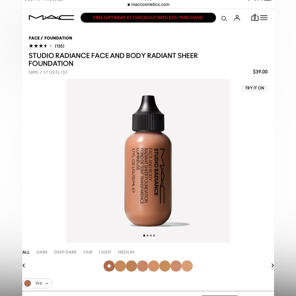 New in box MAC Studio Radiance Foundation W4